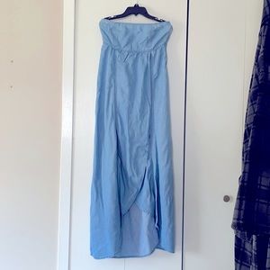 Blue strapless dress with slit